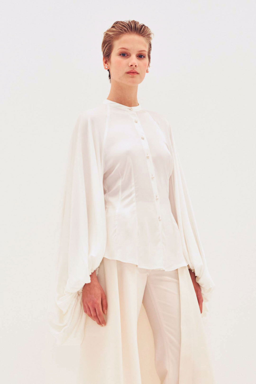 Gathered Circle Sleeve Fitted Satin Shirt