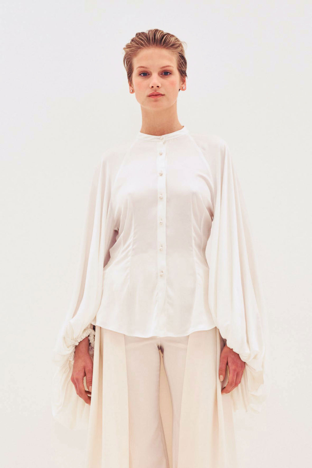 Gathered Circle Sleeve Fitted Satin Shirt