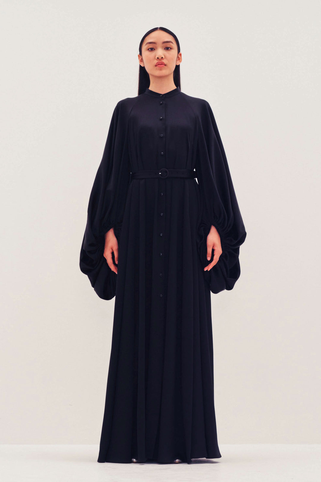 Gathered Circle Sleeve Long Satin Dress