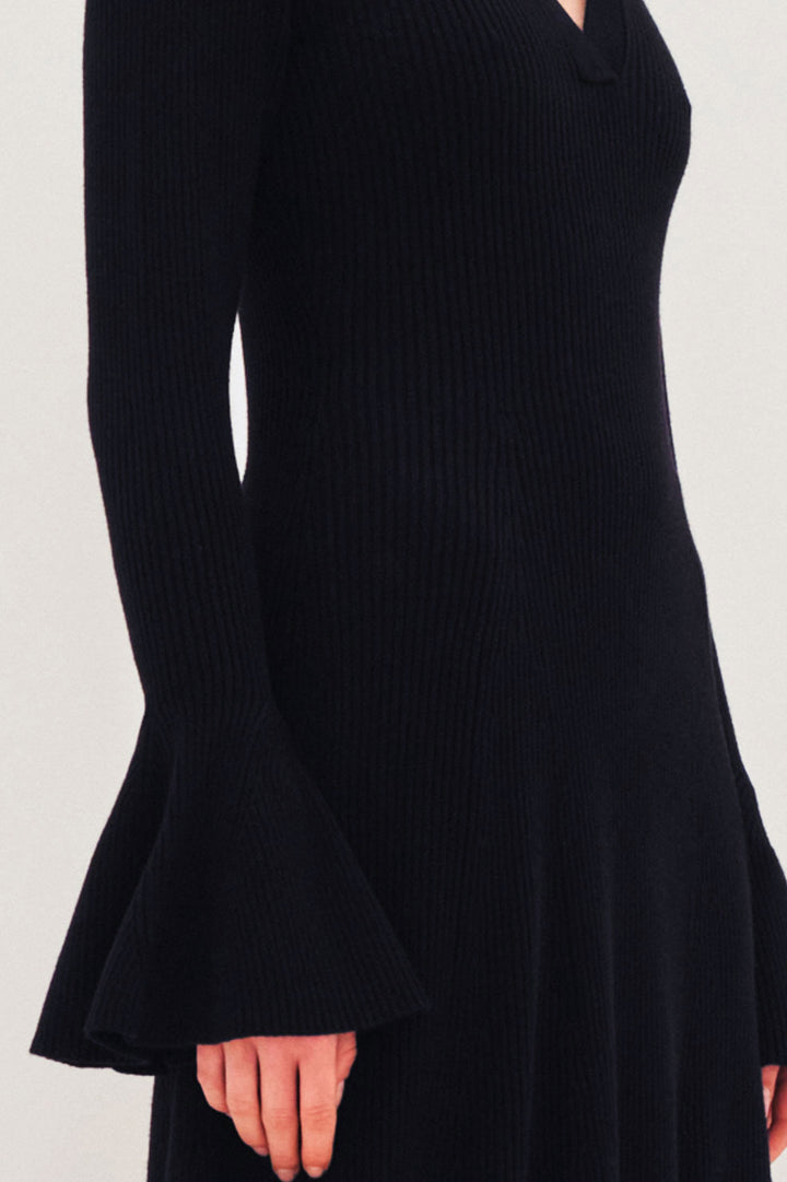 Flared Cuff Long Fitted Rib Knit Dress