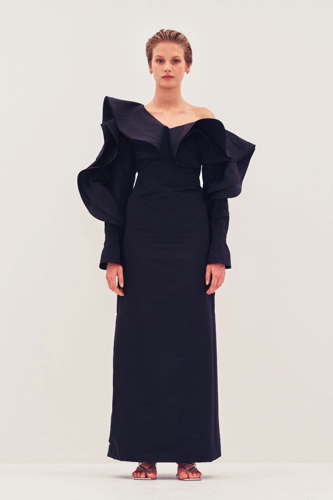 Sculptural Off the Shoulder Flounced Taffeta Dress