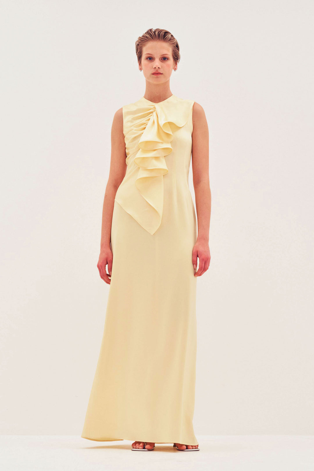 Gathered Front Flounce Satin Dress