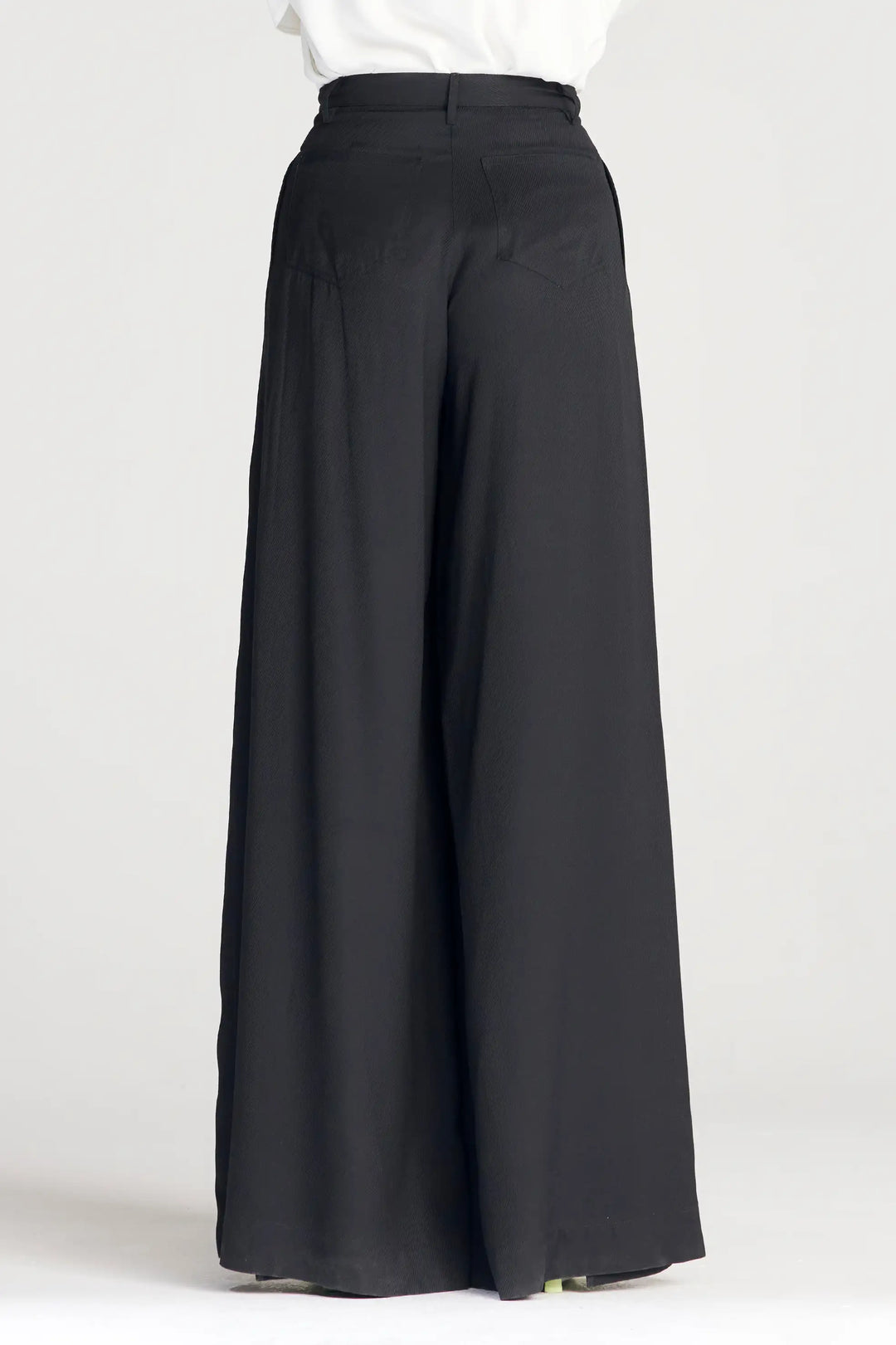 Spliced Trousers, black satin split wide leg trouser