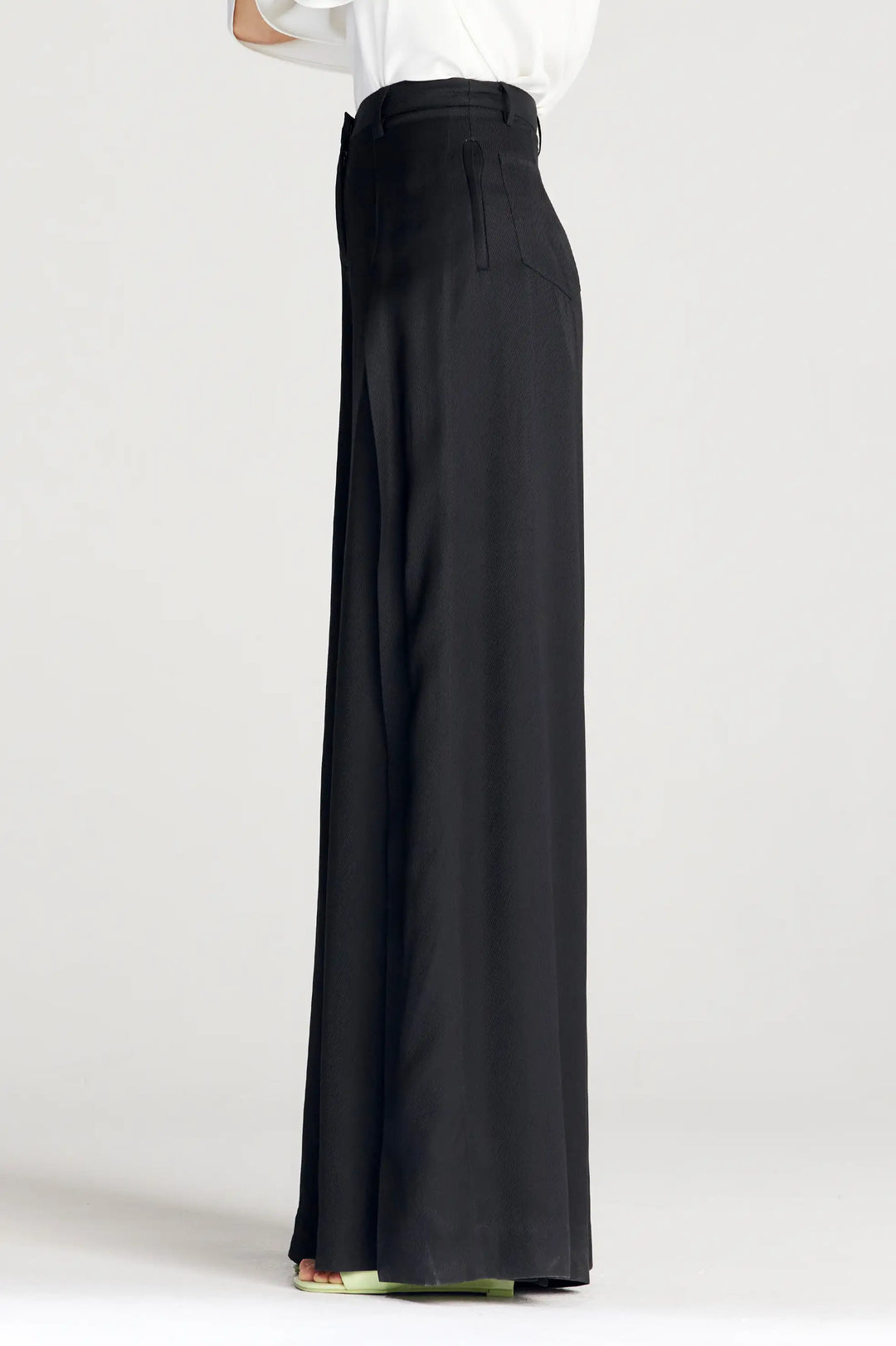 Spliced Trousers, black satin split wide leg trouser