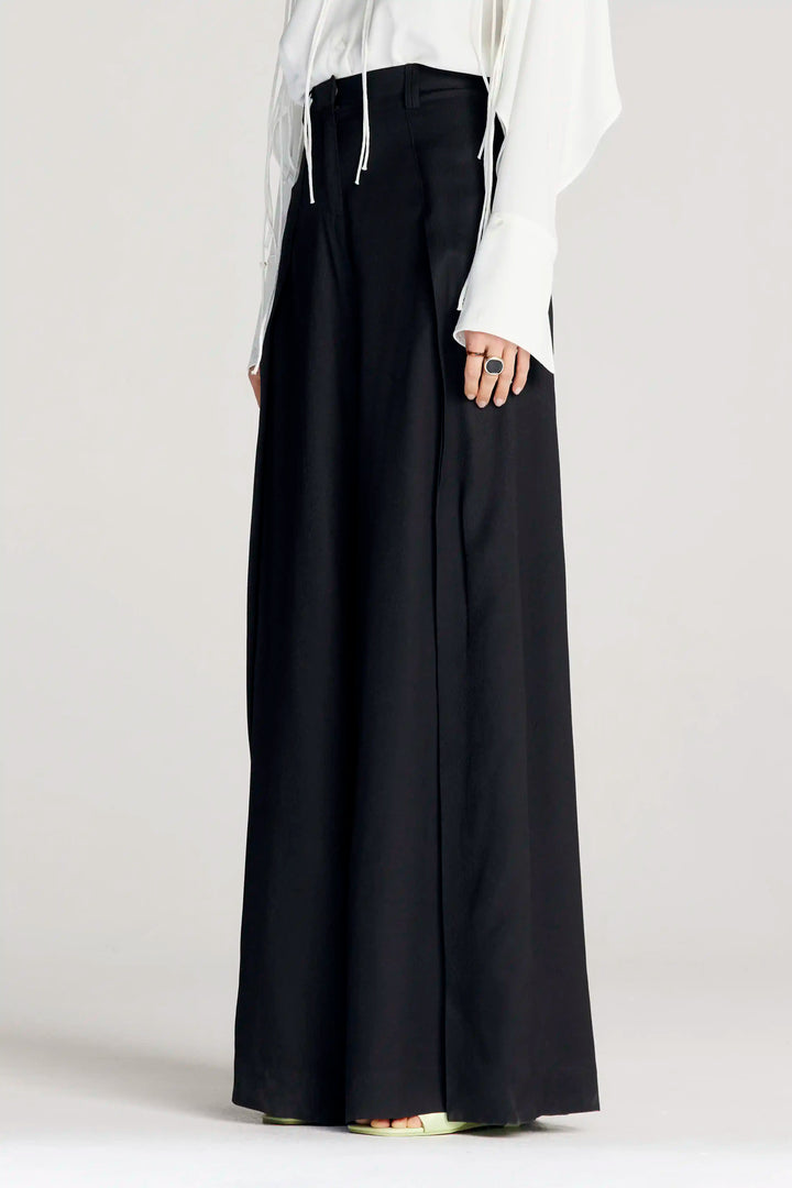 Spliced Trousers, black satin split wide leg trouser