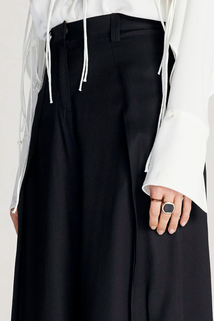 Spliced Trousers, black satin split wide leg trouser
