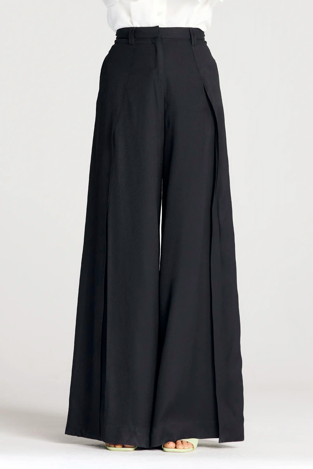 Spliced Trousers, black satin split wide leg trouser