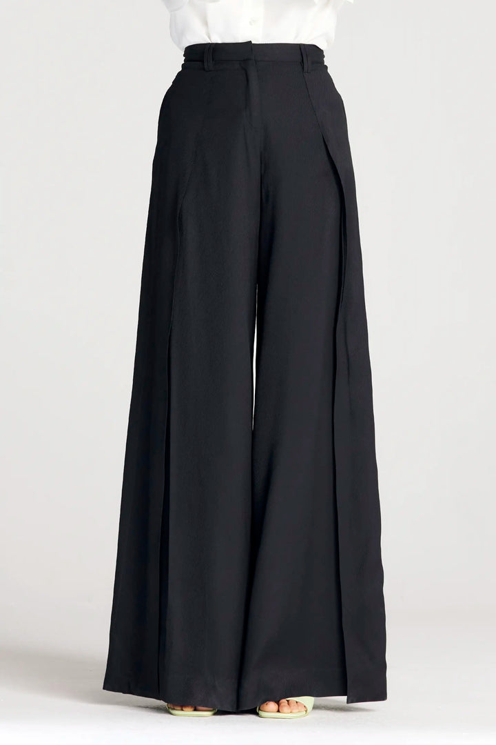 Spliced Trousers, black satin split wide leg trouser