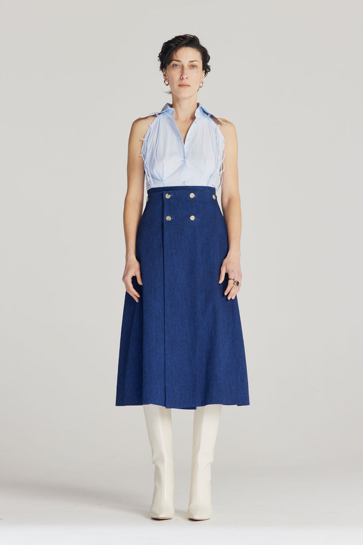 Reveal Skirt, Verwandlungsrock aus Indigo-Denim