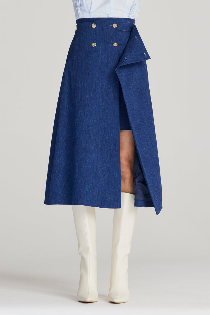 Reveal Skirt, Verwandlungsrock aus Indigo-Denim