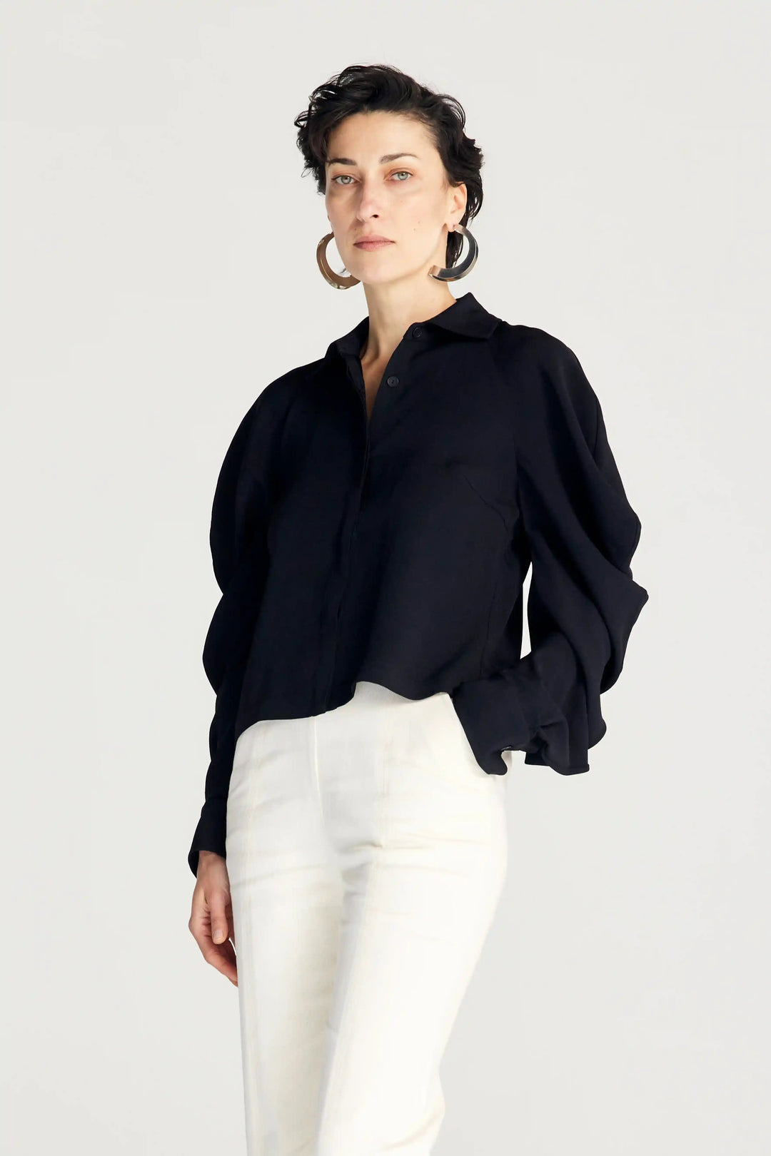 Plenitude Shirt,  black crepe cropped draped sleeve shirt