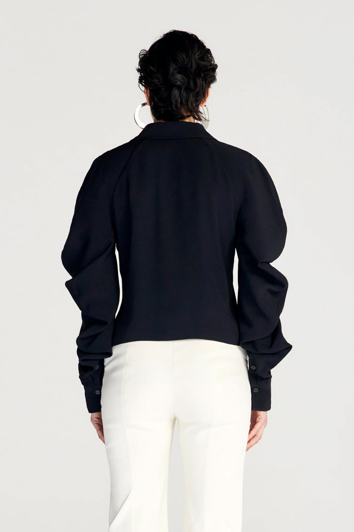 Plenitude Shirt,  black crepe cropped draped sleeve shirt