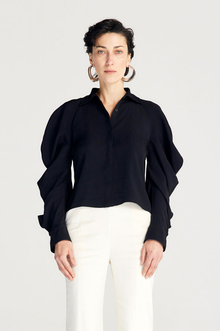 Plenitude Shirt,  black crepe cropped draped sleeve shirt