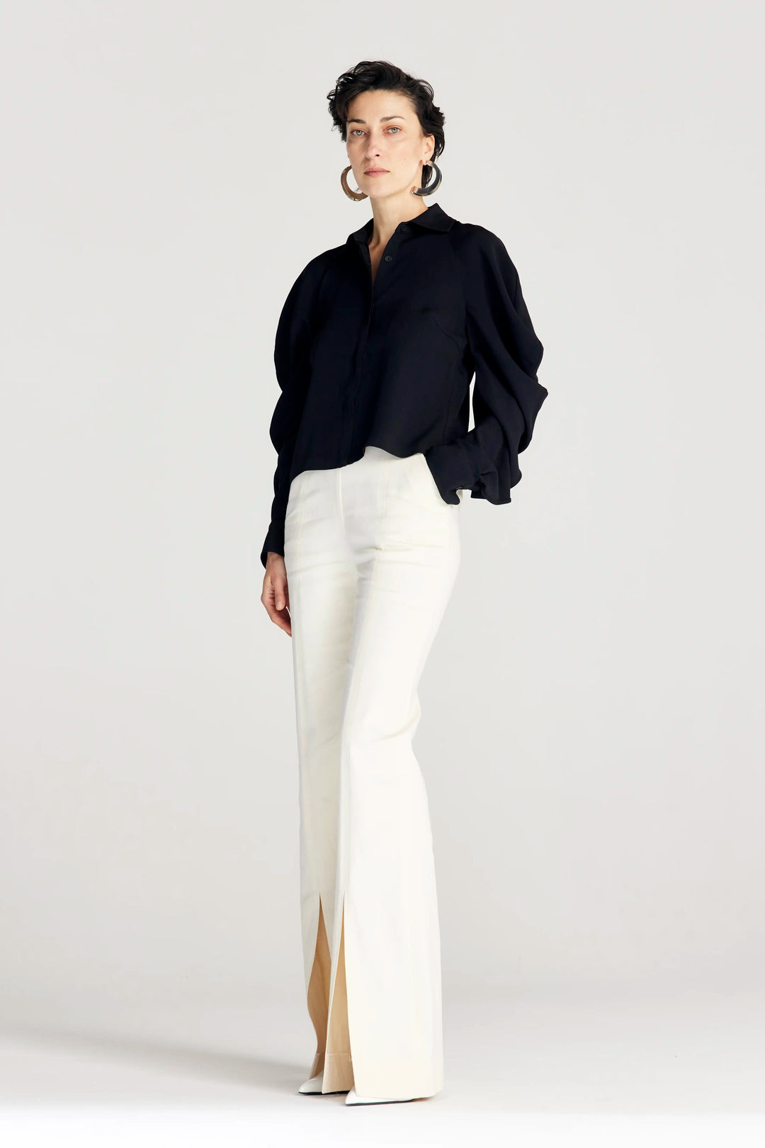 Plenitude Shirt,  black crepe cropped draped sleeve shirt