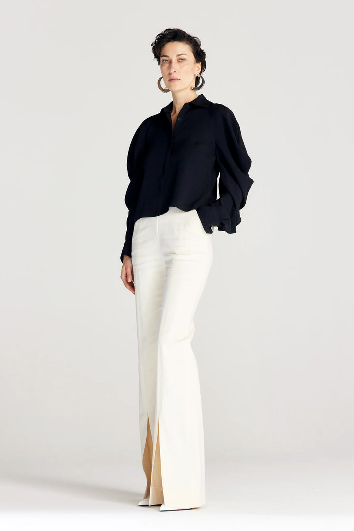 Plenitude Shirt,  black crepe cropped draped sleeve shirt