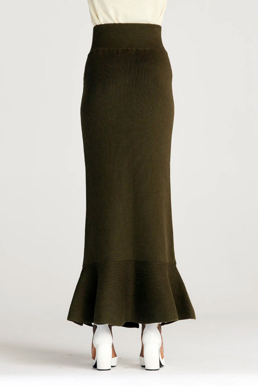 Jupe Plénitude, jupe longue en maille kaki
