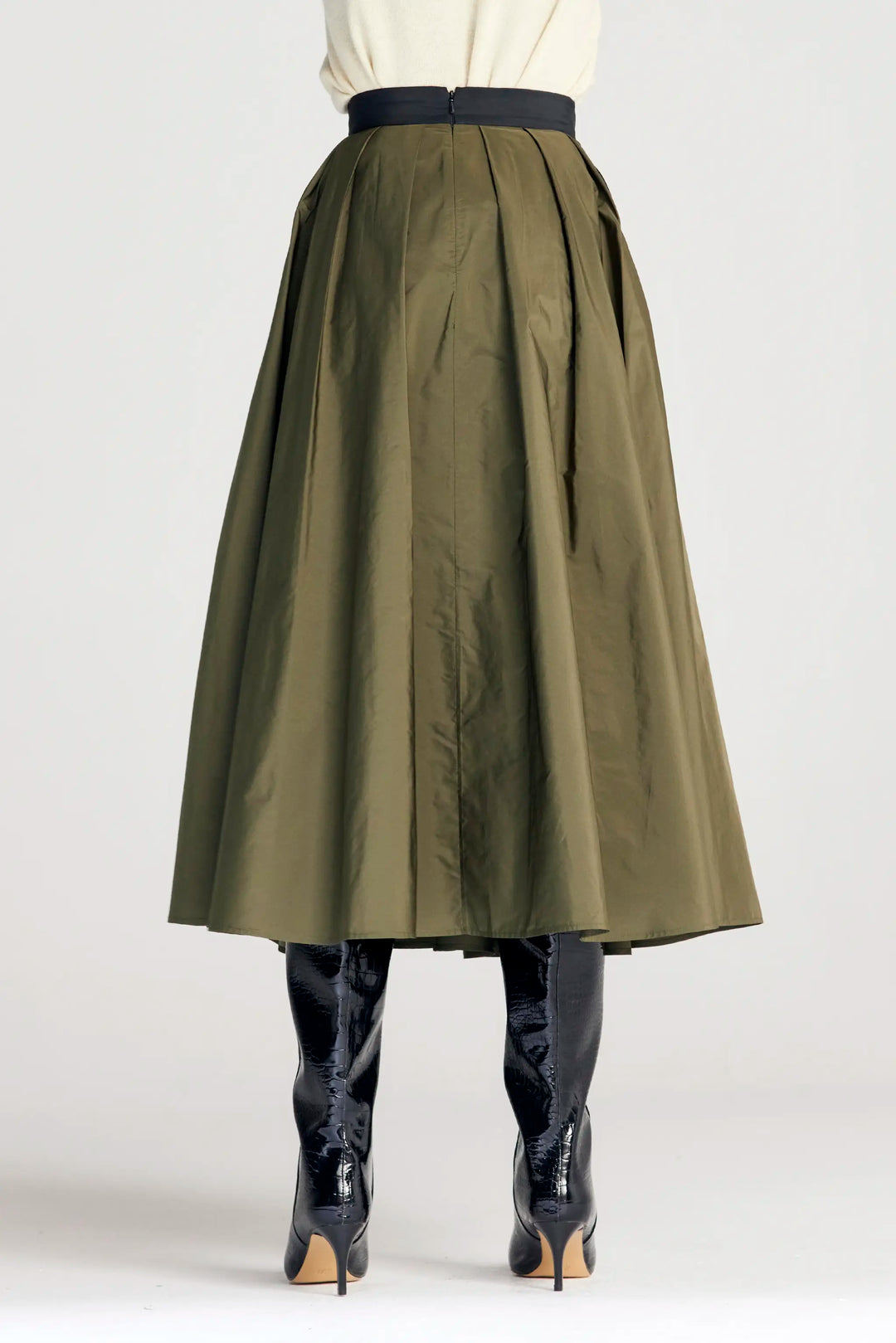 Odyssey Skirt, khakifarbener Midirock aus Taft