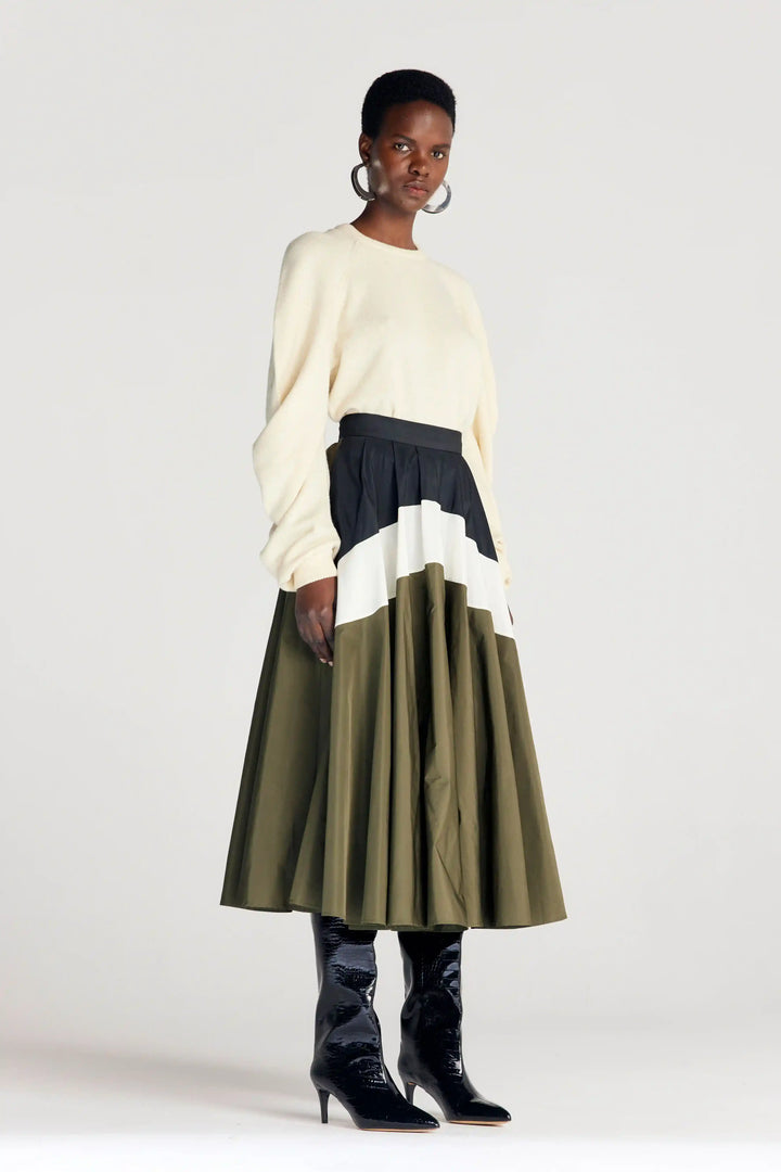 Odyssey Skirt, khakifarbener Midirock aus Taft