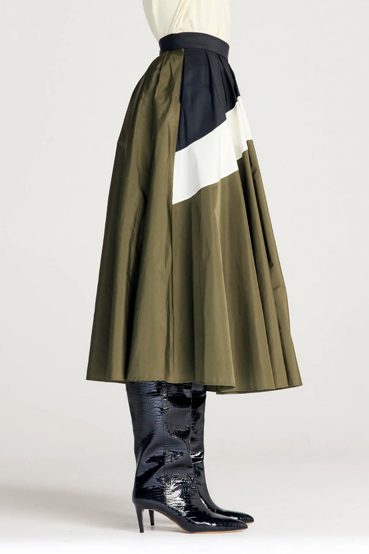Odyssey Skirt, khakifarbener Midirock aus Taft