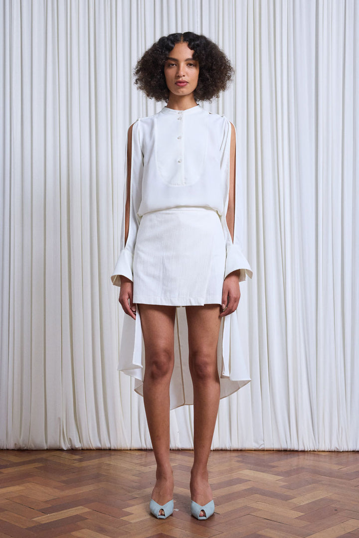 Uncover Shirt, ivory crepe long back shirt